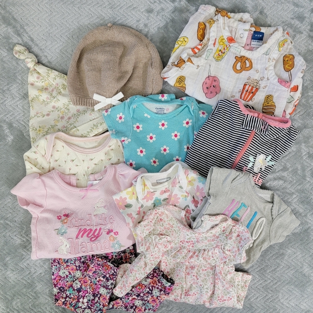 Lot Of 11 Baby Girl Outfits Shirts Pants 1 Piece Hats Gerber Carters 0-3 Months